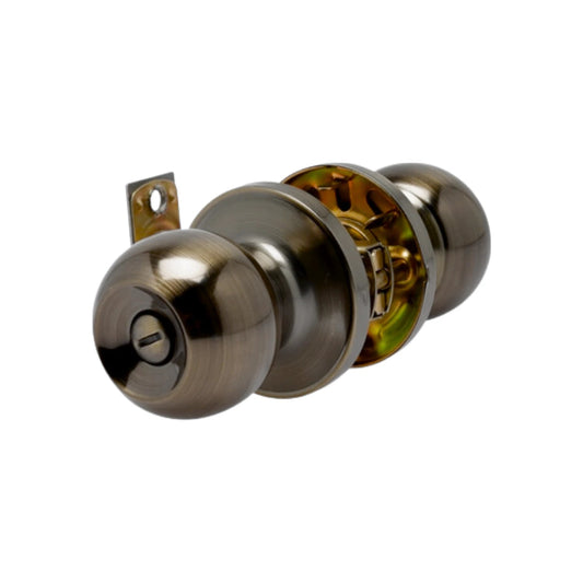 Cerradura de pomo esfera para baño, acabado cobre antiguo cepillado, con ranura de emergencia.