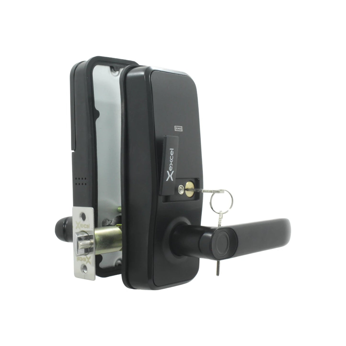 Cerradura inteligente negra Excel con manija, lector de tarjeta y llave para entrada principal