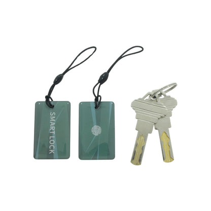 Llaveros y tarjetas de acceso Smart Lock con huella digital, más juego de llaves metálicas tradicionales para seguridad.