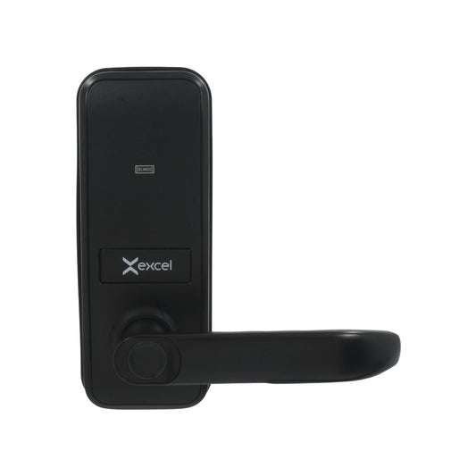 Cerradura inteligente negra Excel EXC-SL200 para puerta principal con manija, lector de tarjeta y acceso digital