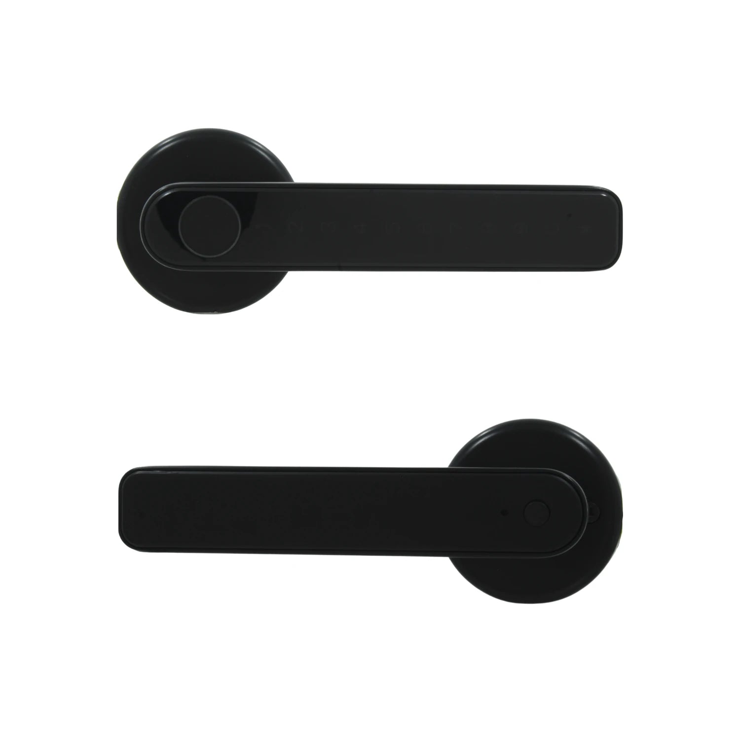 Par de manijas inteligentes negras para puerta principal, cerraduras electrónicas modernas y seguras.