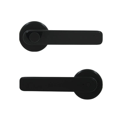 Par de manijas inteligentes negras para puerta principal, cerraduras electrónicas modernas y seguras.