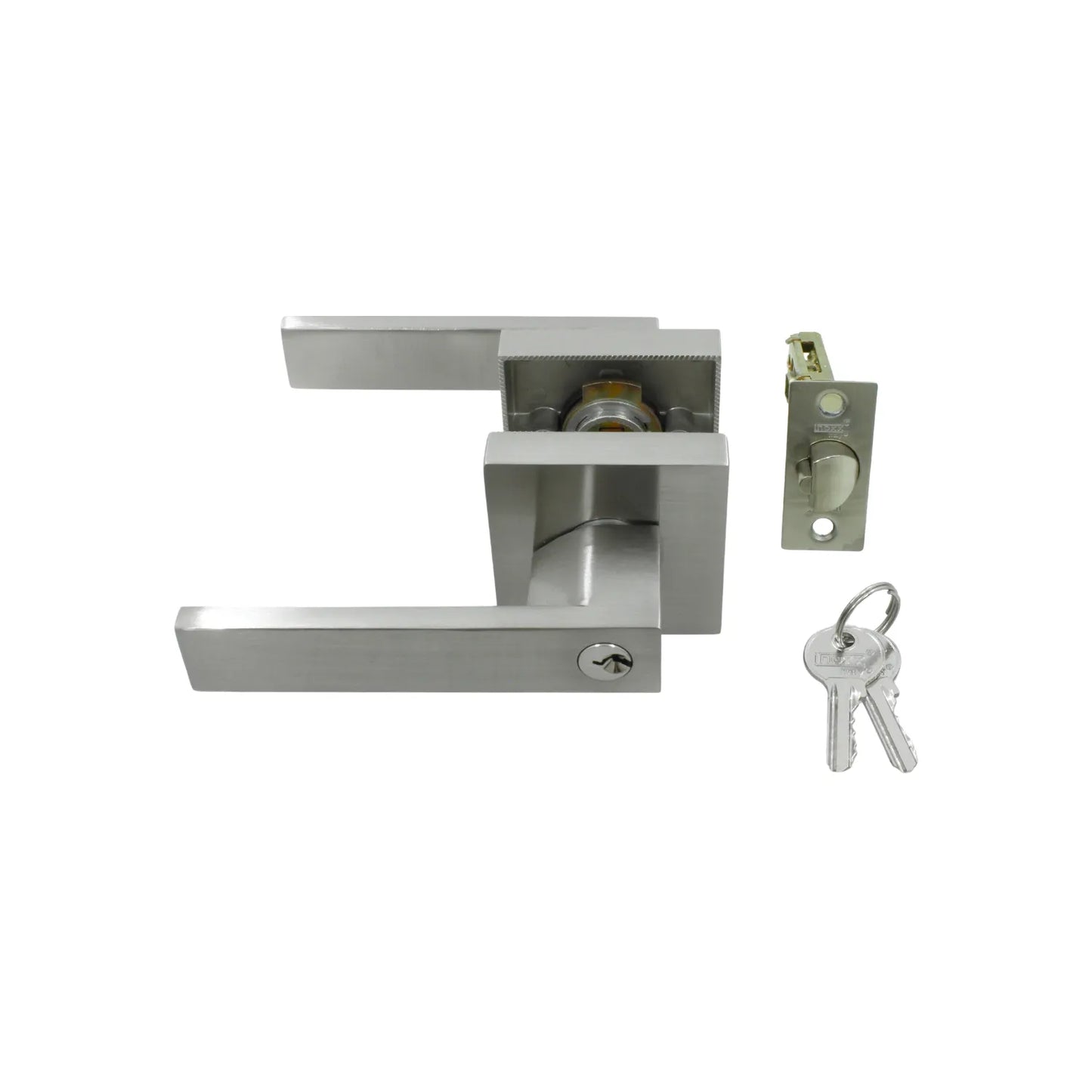 Manija de puerta de palanca INDAUX, set completo con cerradura y llaves, acero inoxidable satinado, diseño moderno
