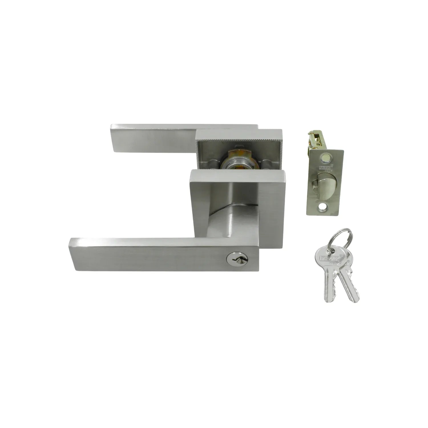 Manija de puerta de palanca INDAUX, set completo con cerradura y llaves, acero inoxidable satinado, diseño moderno