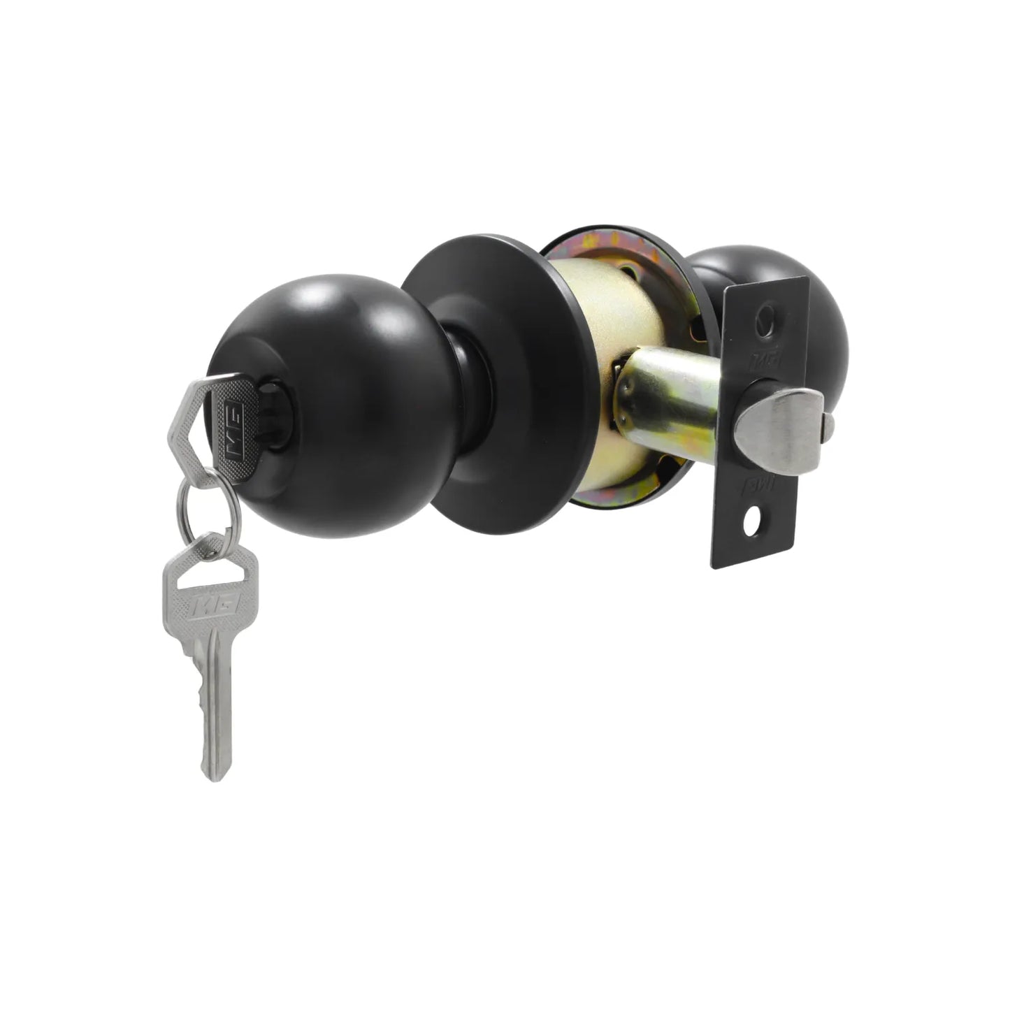 Cerradura de pomo negro mate marca MG con llaves y picaporte para seguridad en puertas de entrada exterior e interior.