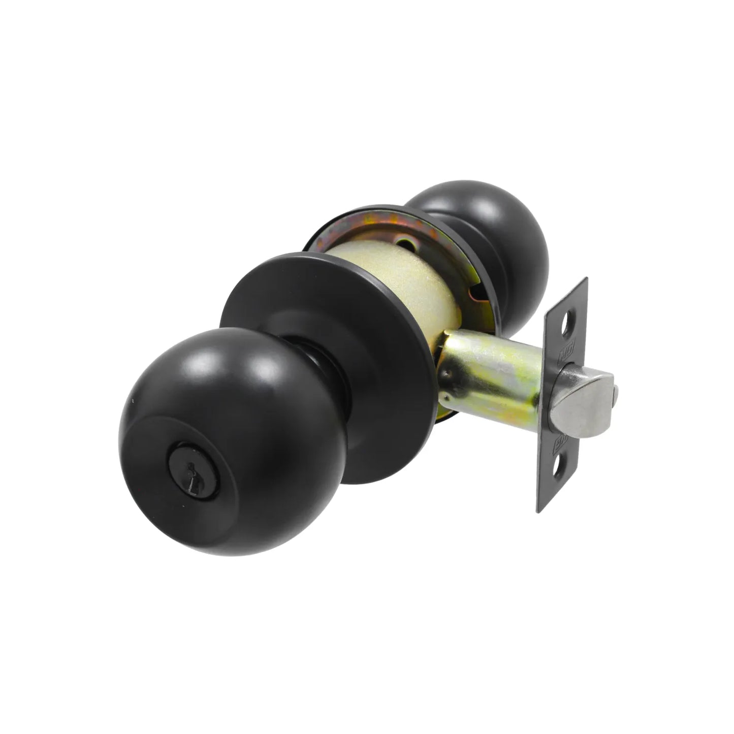Cerradura de pomo tipo bola color negro mate para puerta de entrada con llave de seguridad y pestillo metálico.