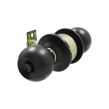 Cerradura de pomo negro mate para puertas de interior con seguro de botón y pestillo metálico resistente.