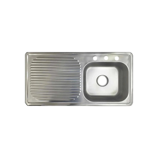 Tarja de acero inoxidable para cocina con un tazón, escurridor a la izquierda y 3 orificios para grifería.