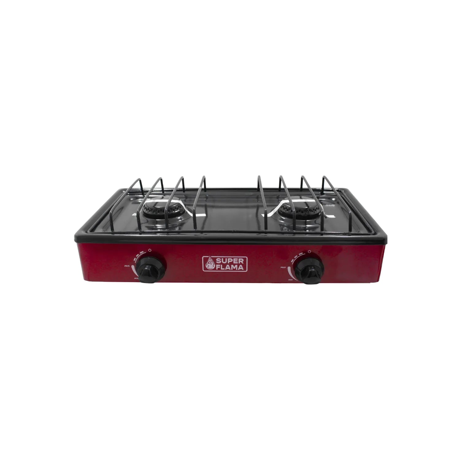 Parrilla de gas portátil de 2 quemadores roja Super Flama con rejilla superior negra y perillas de control