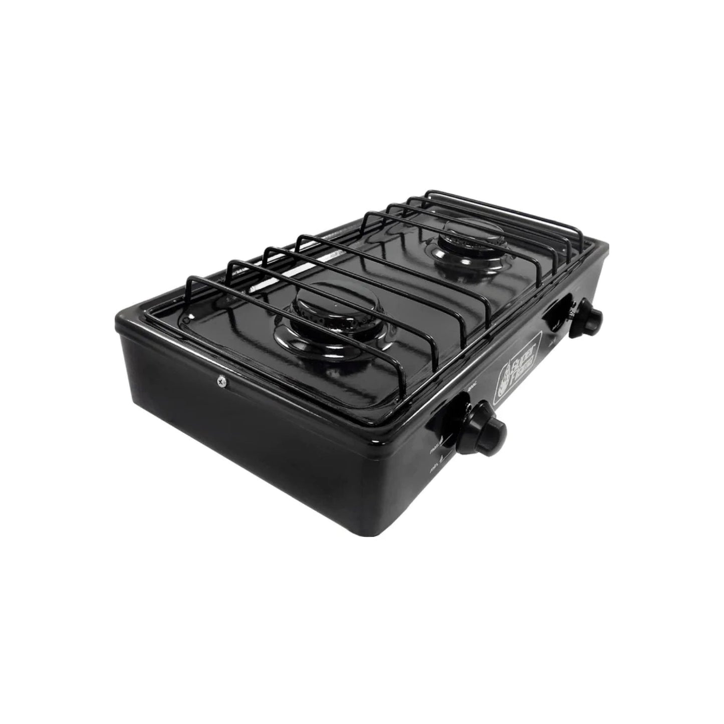 Estufa Super Flama portátil de 2 quemadores de gas negra para camping y cocina exterior.