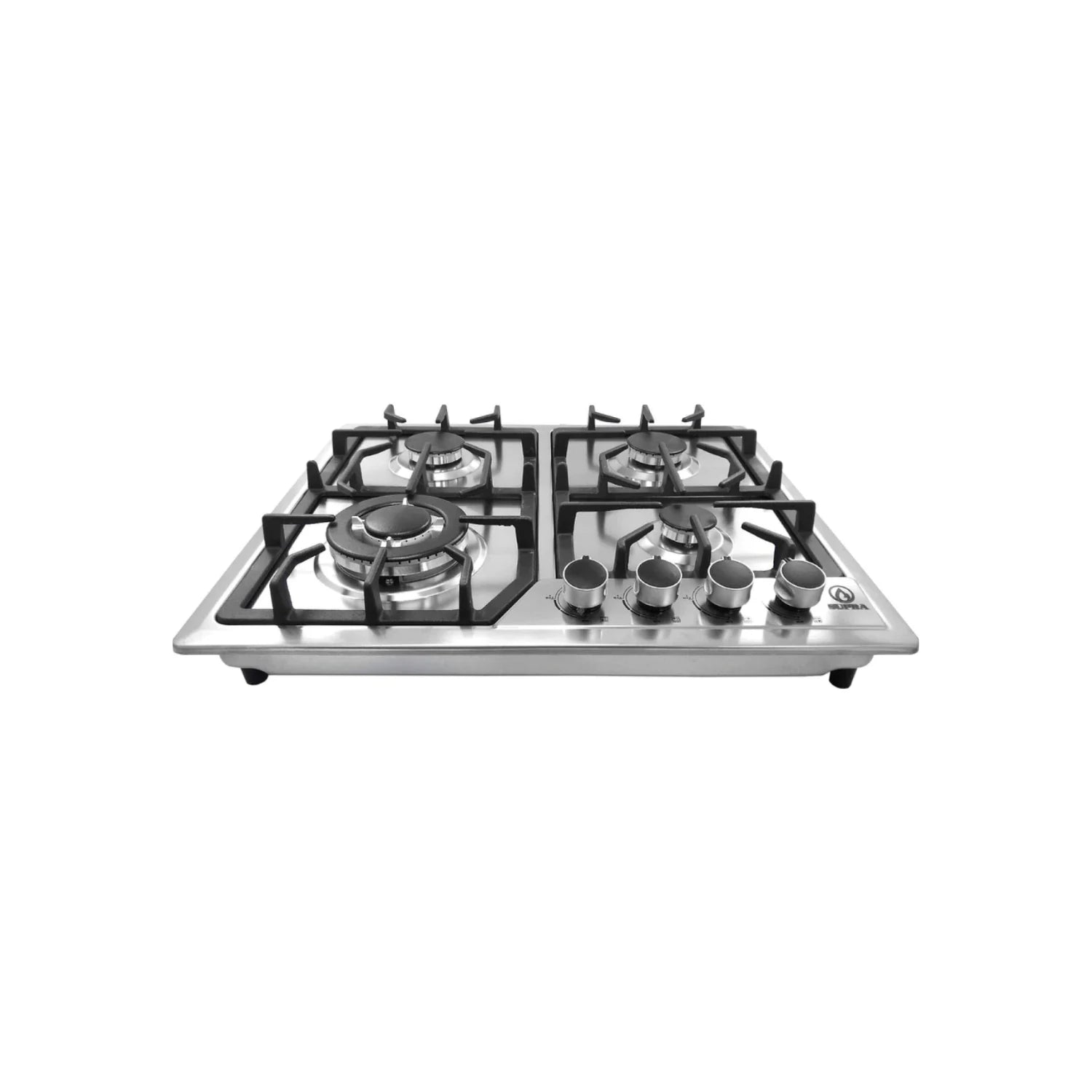 Estufa de gas empotrable Supra con 4 quemadores de acero inoxidable, perillas y parrillas negras.