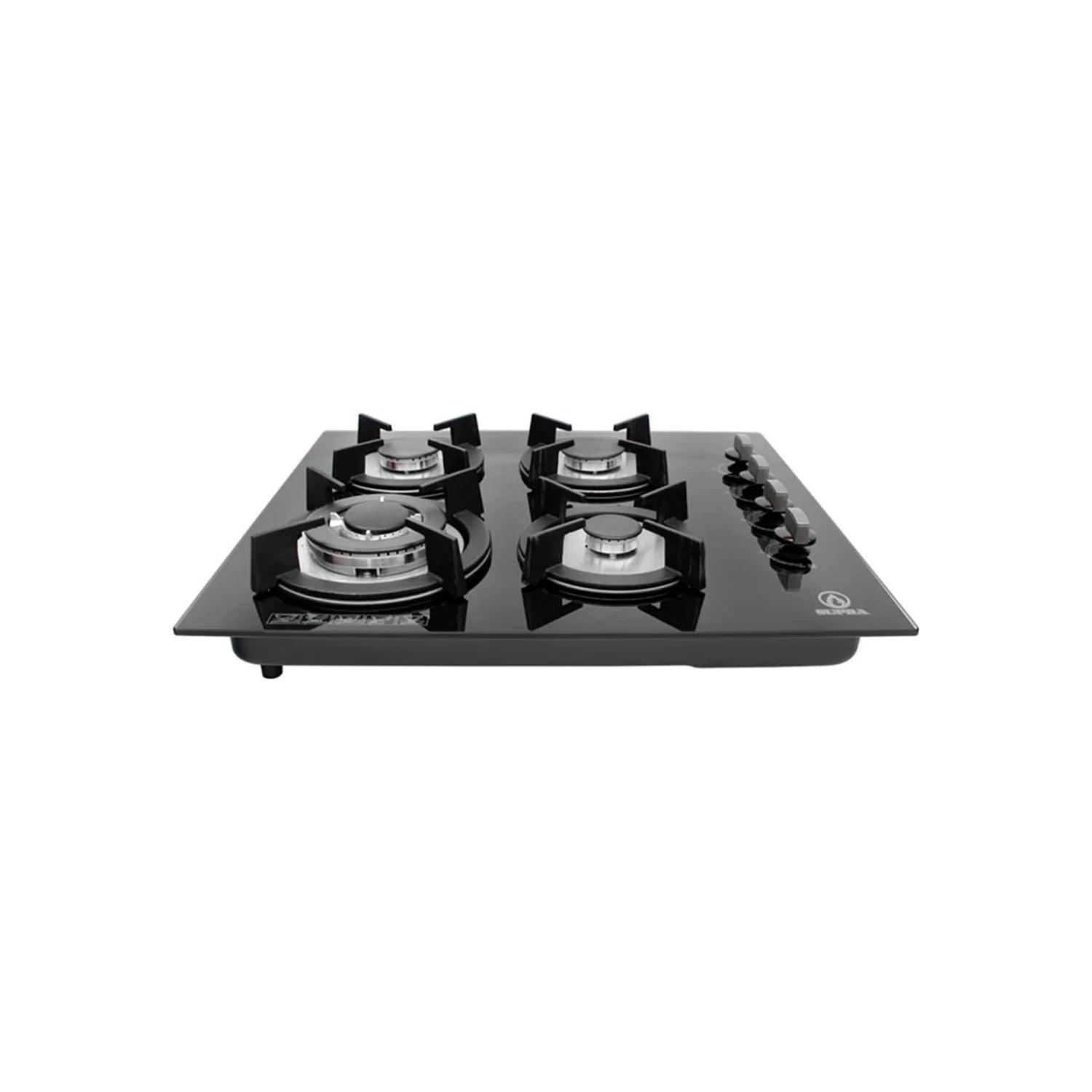 Estufa empotrable Supra de 4 quemadores a gas con superficie de cristal templado negro y perillas plateadas