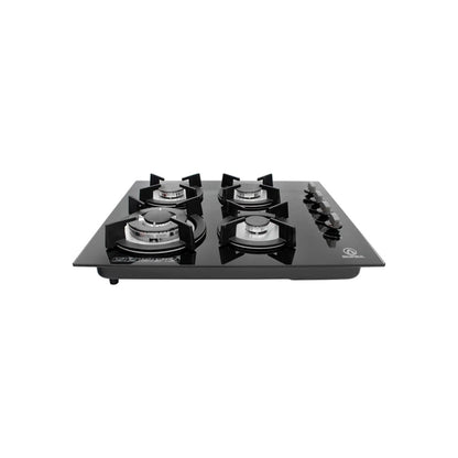 Estufa empotrable Supra de 4 quemadores a gas con superficie de cristal templado negro y perillas plateadas