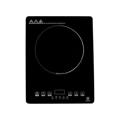 Parrilla de inducción Supra 1 quemador, panel táctil negro, controles de temperatura, temporizador y bloqueo de seguridad.