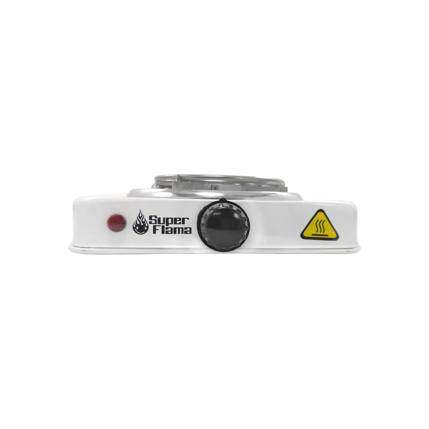 Parrilla eléctrica portátil Super Flama de 1 quemador blanco con control de temperatura, ideal para cocina compacta.