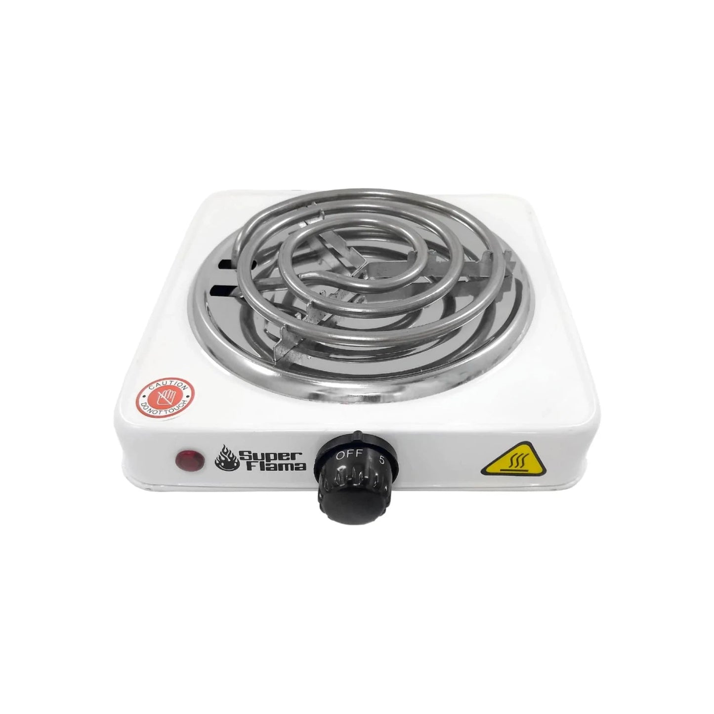 Parrilla eléctrica Super Flama blanca de 1 quemador con resistencia, control de temperatura y luz indicadora