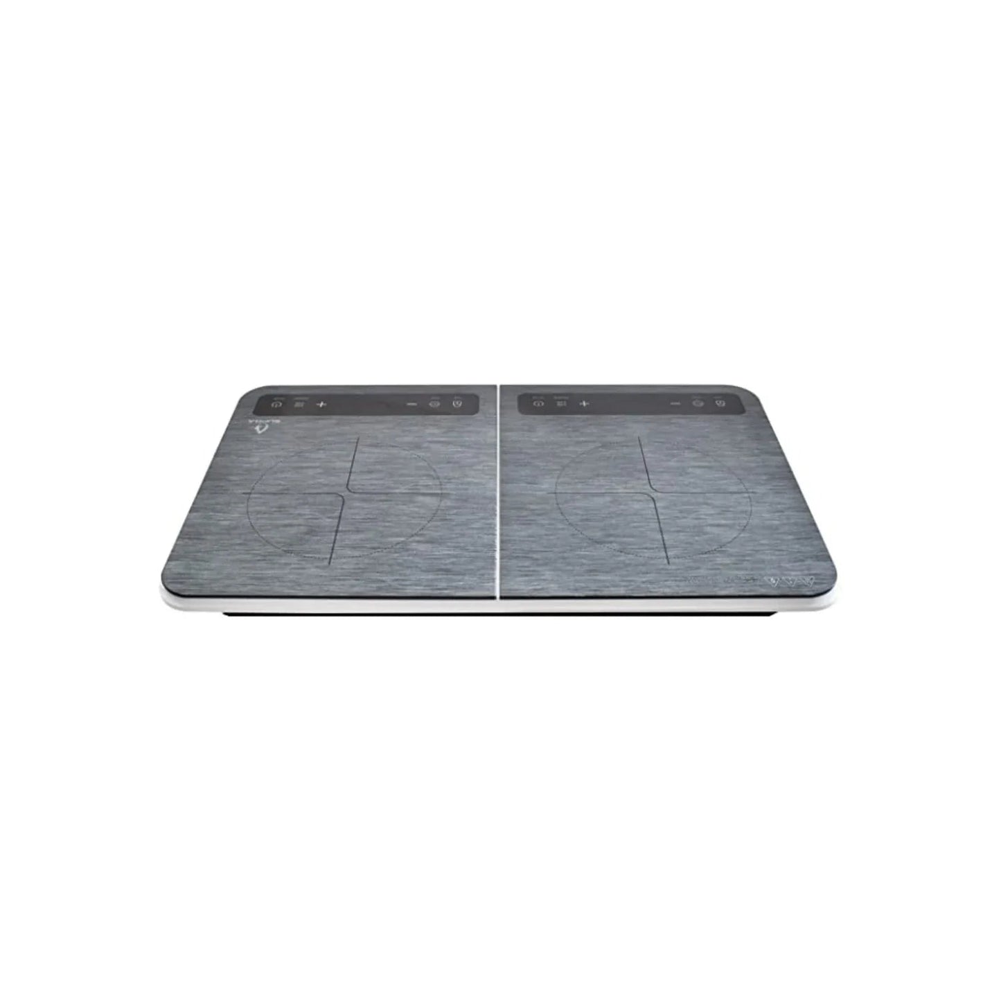 Parrilla de inducción doble Supra Brush W Two gris plateada con controles táctiles para sobreponer en cocina.