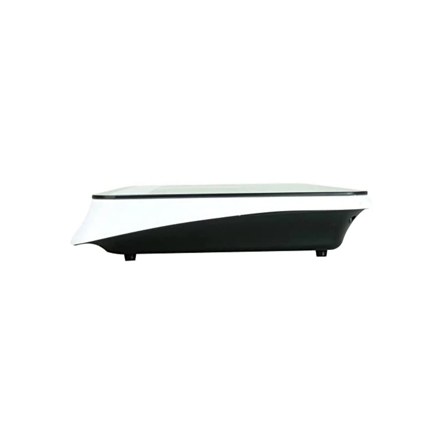 Parrilla de inducción de sobreponer compacta, blanca con base negra, vista lateral, para cocina