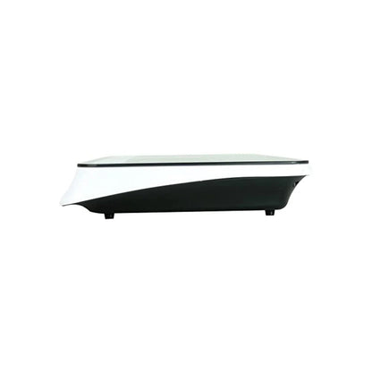 Parrilla de inducción de sobreponer compacta, blanca con base negra, vista lateral, para cocina