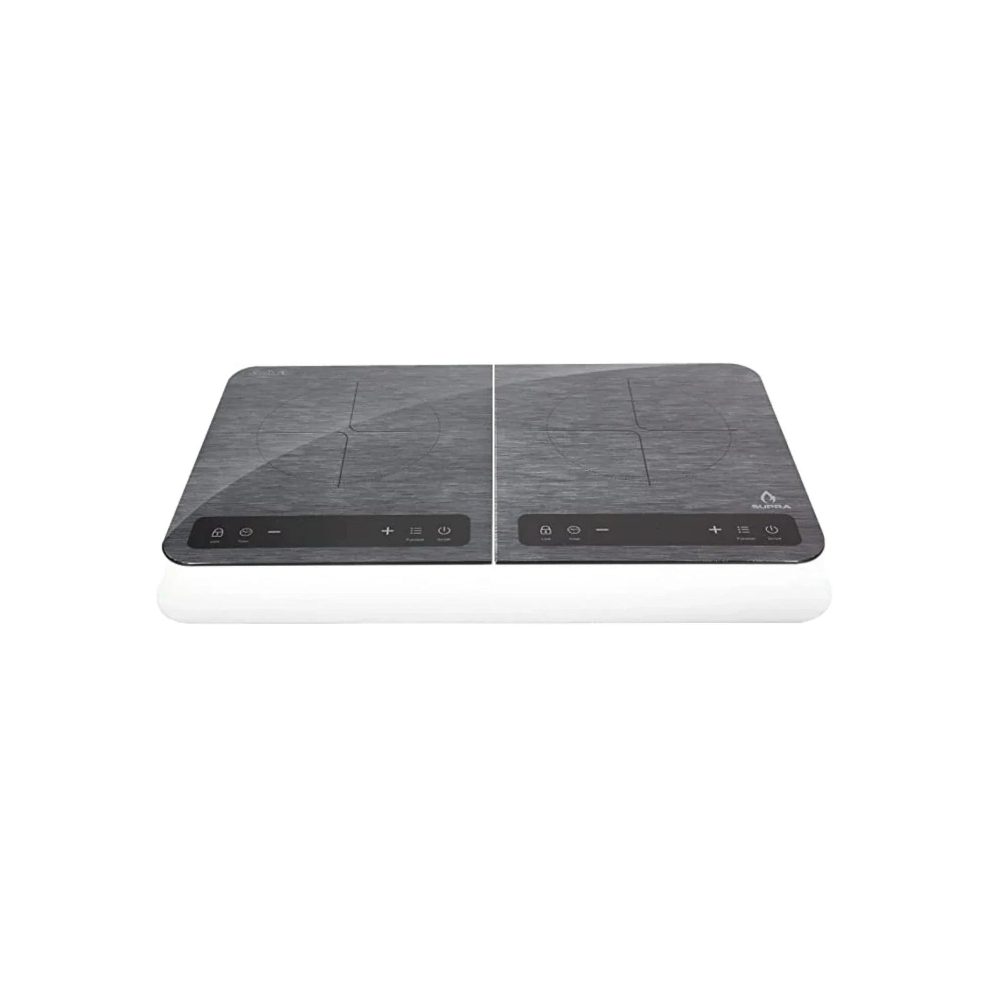 Parrilla de inducción Supra de 2 quemadores gris cepillado sobreponer con controles táctiles, diseño moderno y eficiente.