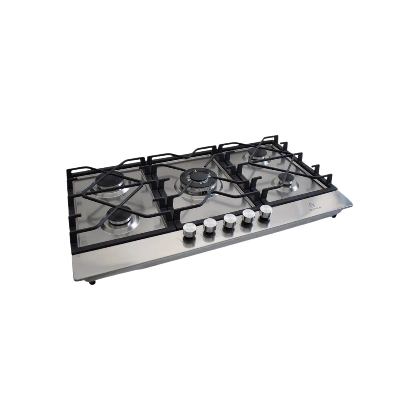 Parrilla de gas empotrable Supra de 5 quemadores, acero inoxidable, con parrillas negras y perillas frontales