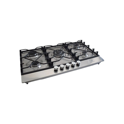 Parrilla de gas empotrable Supra de 5 quemadores, acero inoxidable, con parrillas negras y perillas frontales