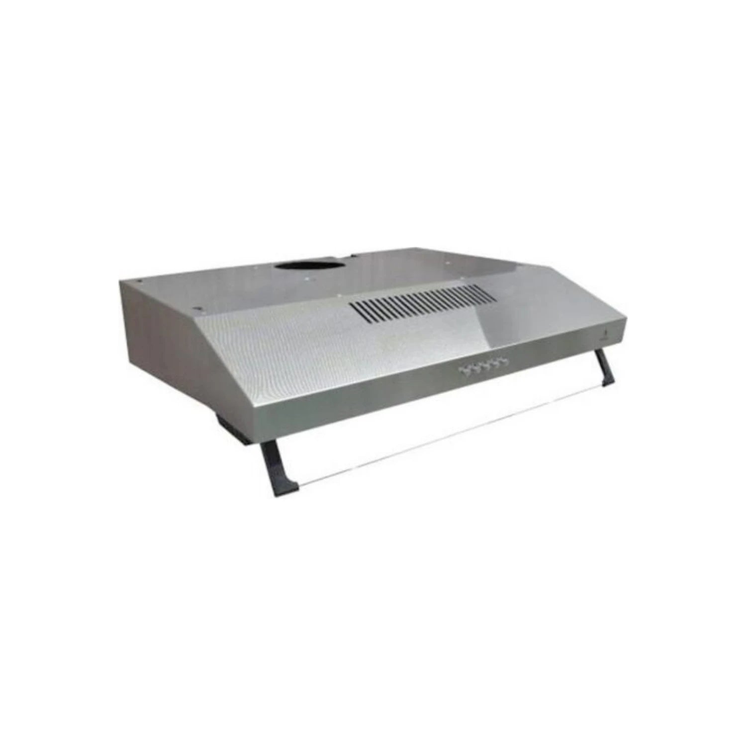 Campana extractora de cocina de acero inoxidable para bajo mueble, con rejillas de ventilación y luz integrada.