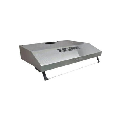 Campana extractora de cocina de acero inoxidable para bajo mueble, con rejillas de ventilación y luz integrada.