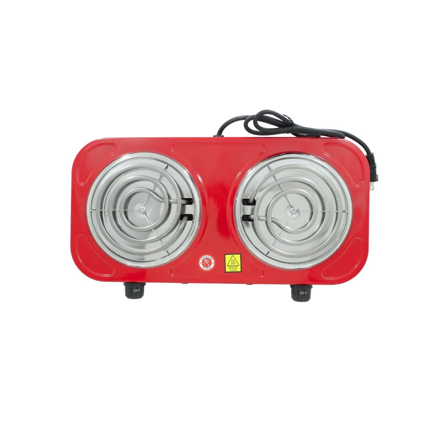 Parrilla eléctrica roja de 2 quemadores en espiral, con controles individuales, para uso portátil.