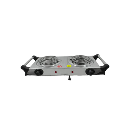 Parrilla eléctrica doble con 2 quemadores de espiral, portátil color plata, controles de temperatura