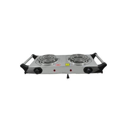 Parrilla eléctrica de una resistencia con termostato y asas, toda de acero inoxidable en acabado espejo., Características:, Dos Quemadores., Termostatos para control preciso de temperatura., Indicador luminoso de encendido., Espiral aplanada para mayor superficie de contacto con tus sartenes y ollas., Asas aislantes., Resistencia de 1100 W, Encendido electrónico., Para conectar a una instalación eléctrica (127 V).