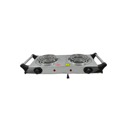 Parrilla eléctrica de una resistencia con termostato y asas, toda de acero inoxidable en acabado espejo., Características:, Dos Quemadores., Termostatos para control preciso de temperatura., Indicador luminoso de encendido., Espiral aplanada para mayor superficie de contacto con tus sartenes y ollas., Asas aislantes., Resistencia de 1100 W, Encendido electrónico., Para conectar a una instalación eléctrica (127 V).