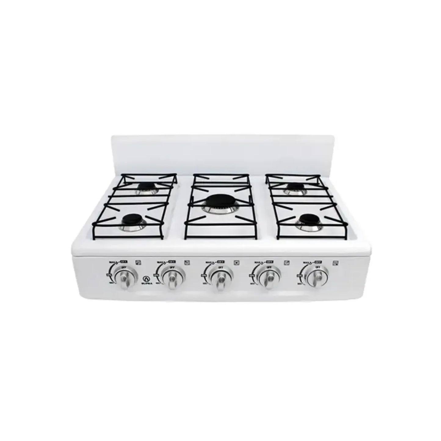 Parrilla de gas Supra de 5 quemadores color blanco con cubierta esmaltada y perillas frontales para cocina