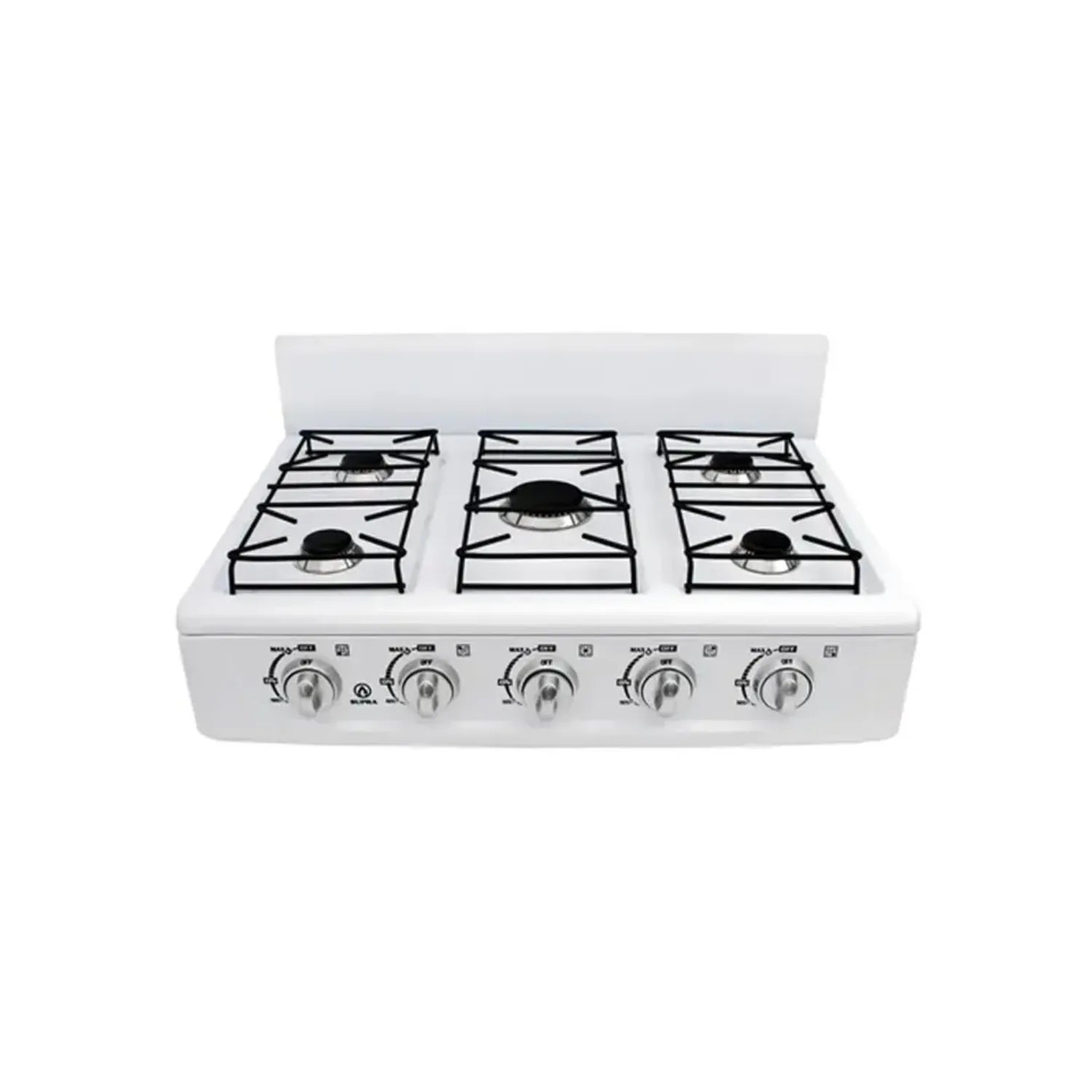 Parrilla de gas Supra de 5 quemadores color blanco con cubierta esmaltada y perillas frontales para cocina