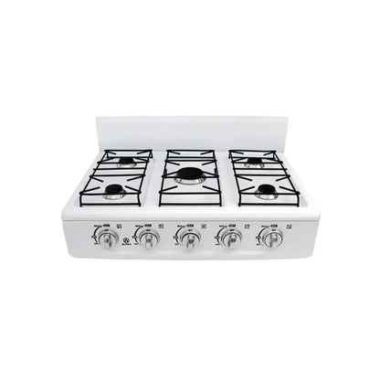 Parrilla de gas Supra de 5 quemadores color blanco con cubierta esmaltada y perillas frontales para cocina