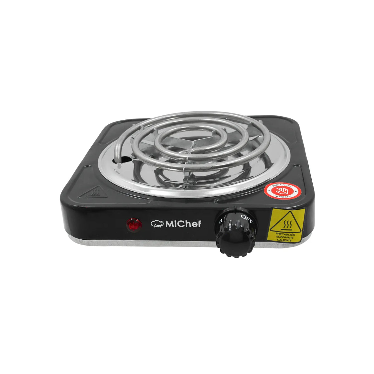 Parrilla eléctrica MiChef de una hornilla portátil negra con quemador en espiral y control de temperatura ajustable