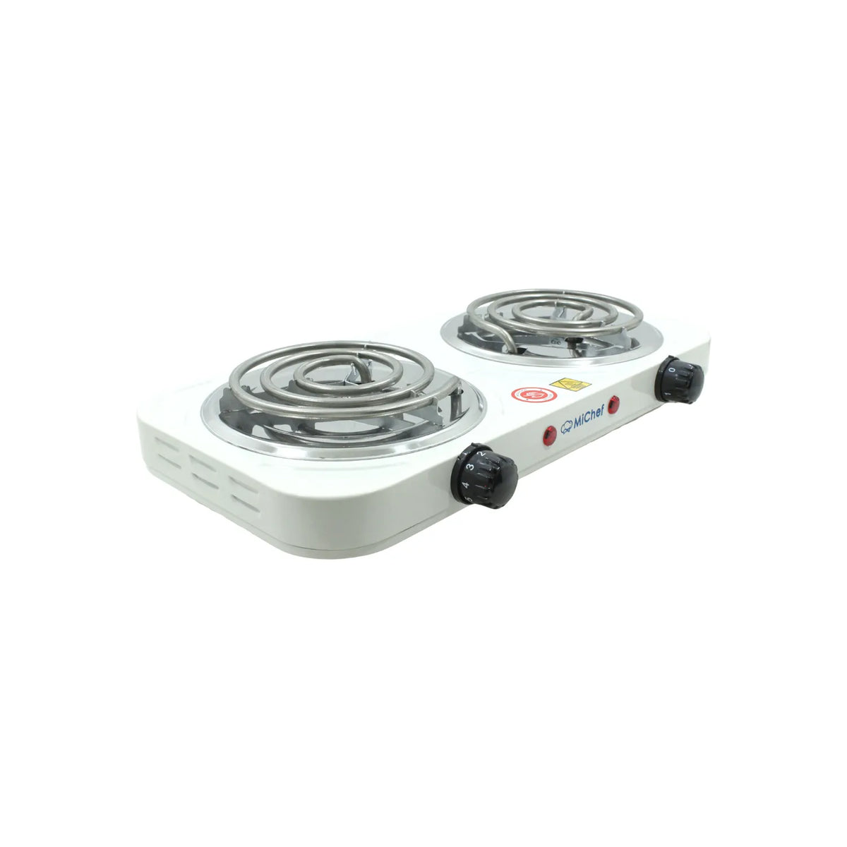 Cocinilla eléctrica MiChef de 2 platos con quemadores en espiral color blanco para cocina portátil.