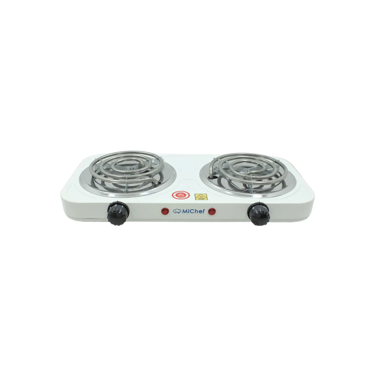 Parrilla eléctrica doble MiChef blanca con quemadores de espiral y perillas ajustables para cocina.
