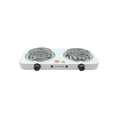 Parrilla eléctrica doble MiChef blanca con quemadores de espiral y perillas ajustables para cocina.