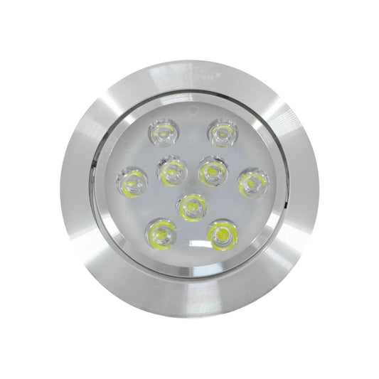 Lámpara panel LED redonda empotrable de aluminio plateado con 9 focos luminosos, ideal para iluminación moderna