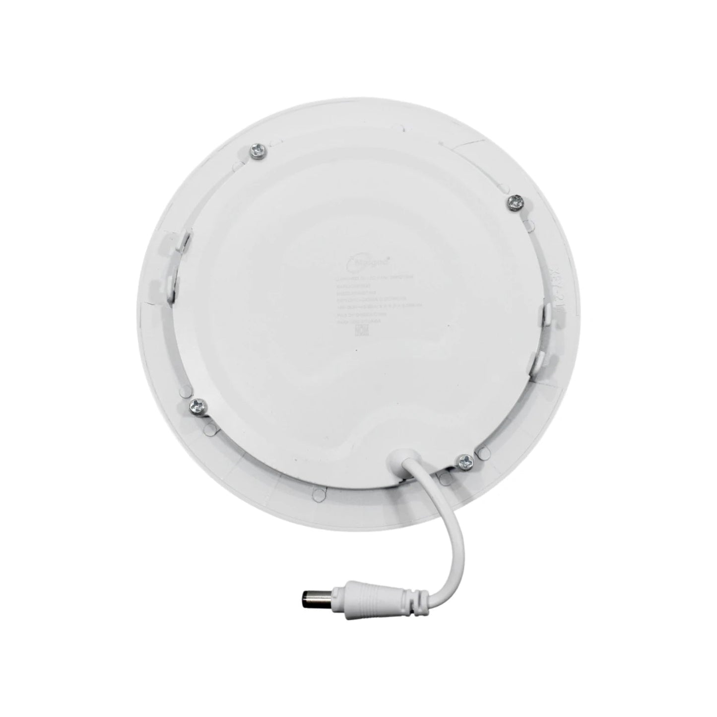 Panel LED empotrable redondo blanco, vista trasera con conector DC.
