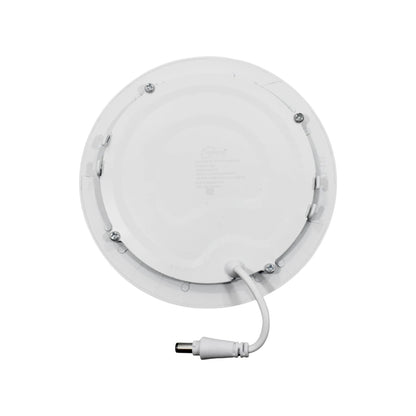 Panel LED empotrable redondo blanco, vista trasera con conector DC.