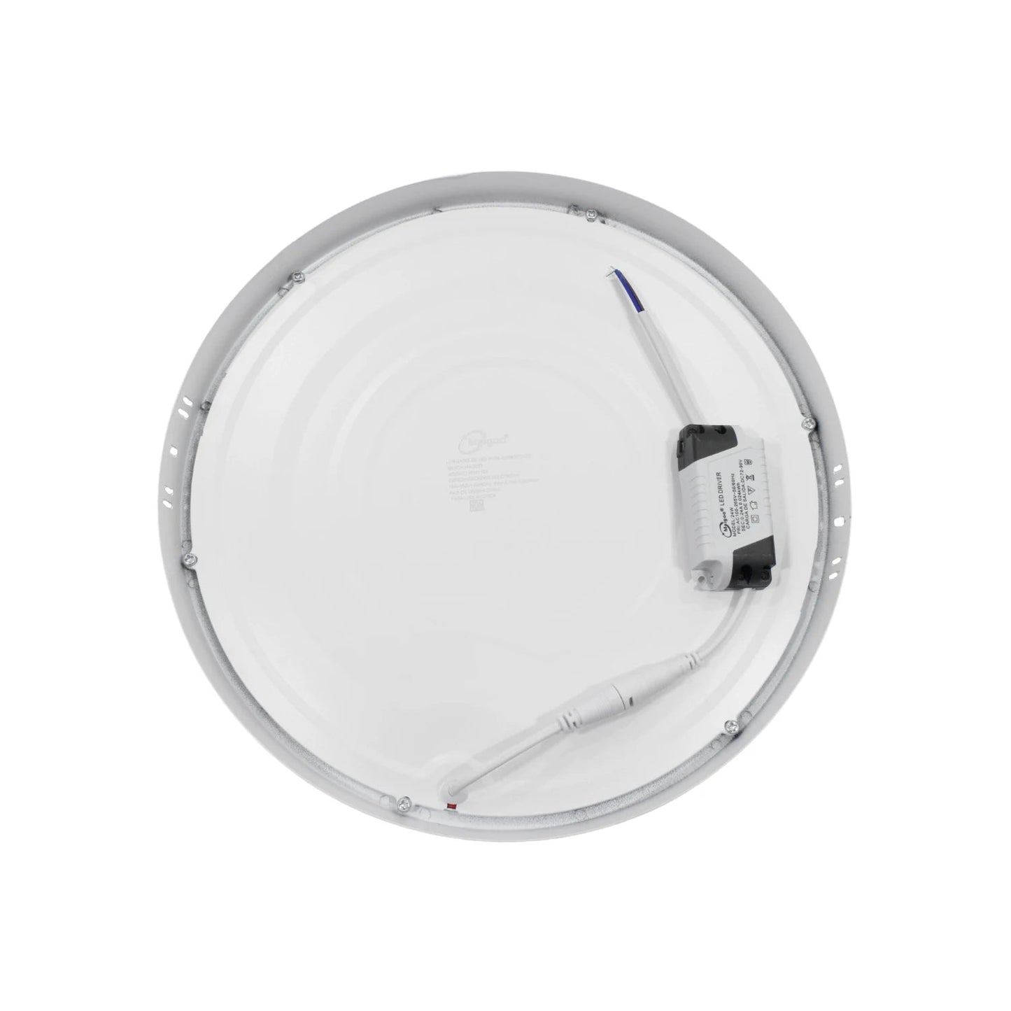 Panel LED redondo Maigoo blanco 24W de sobreponer, vista trasera con driver y conexiones eléctricas para iluminación.