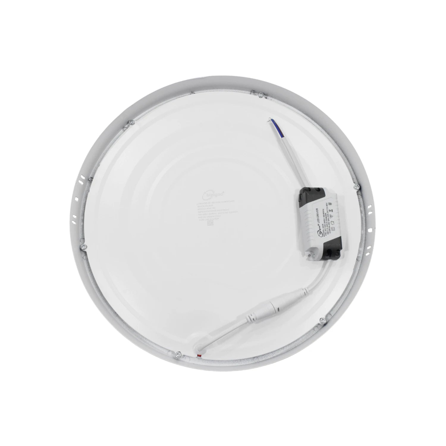 Panel LED redondo Maigoo blanco 24W de sobreponer, vista trasera con driver y conexiones eléctricas para iluminación.