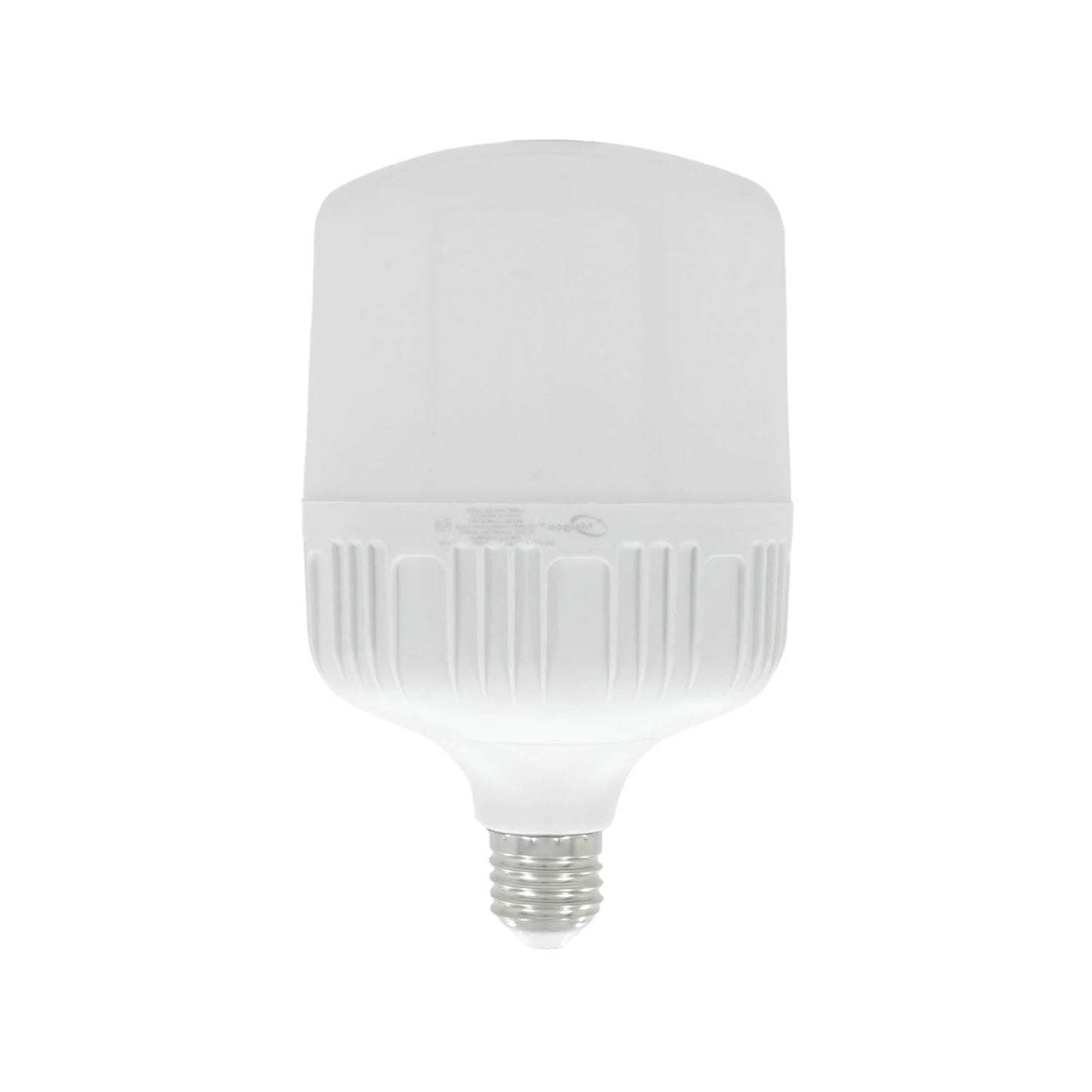 Foco LED blanco de alto poder con base de rosca E27, diseño robusto para iluminación general.