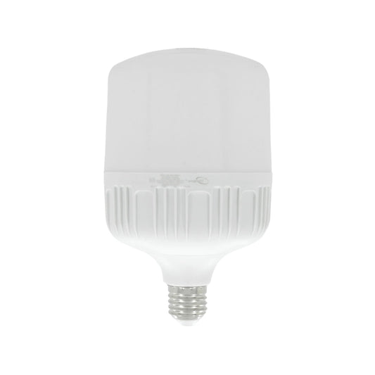 Foco LED blanco de alto poder con base de rosca E27, diseño robusto para iluminación general.