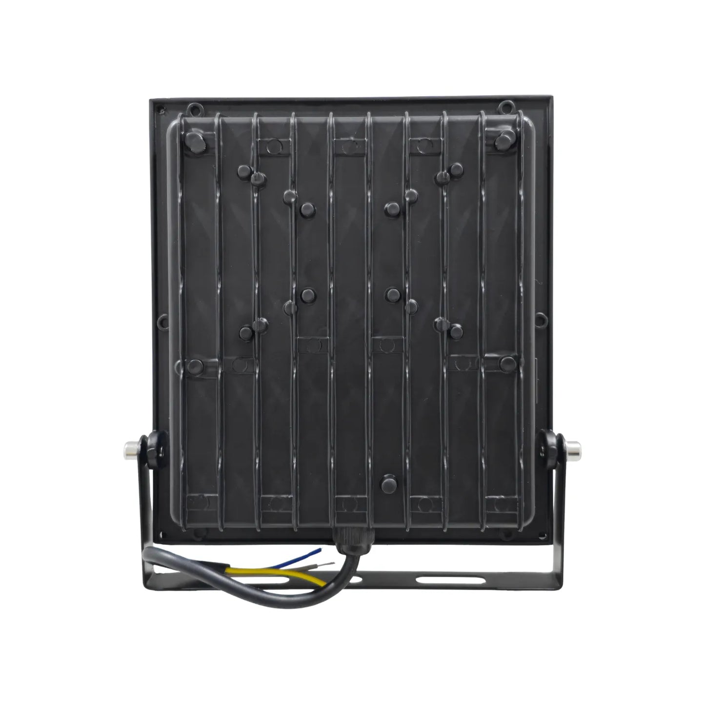 Reflector LED negro vista trasera con aletas de disipación, soporte ajustable y cables de conexión