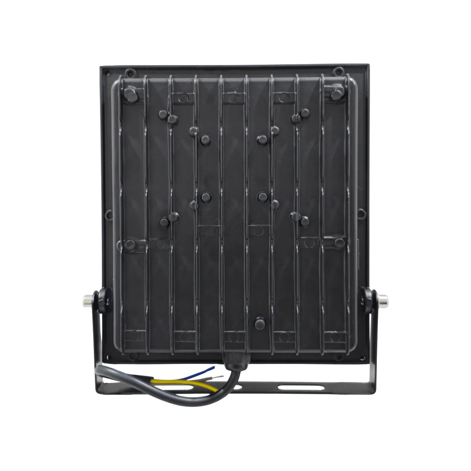 Reflector LED negro vista trasera con aletas de disipación, soporte ajustable y cables de conexión