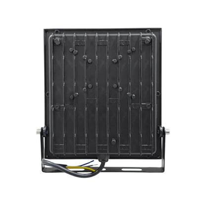 Reflector LED negro vista trasera con aletas de disipación, soporte ajustable y cables de conexión