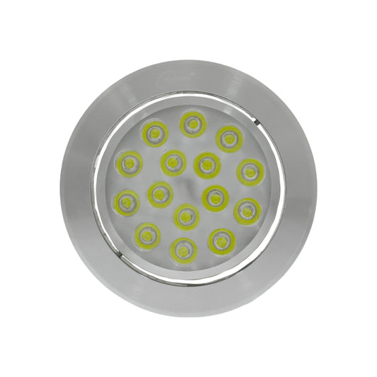Lámpara panel LED redonda de aluminio para empotrar con 15 focos individuales, acabado plateado.